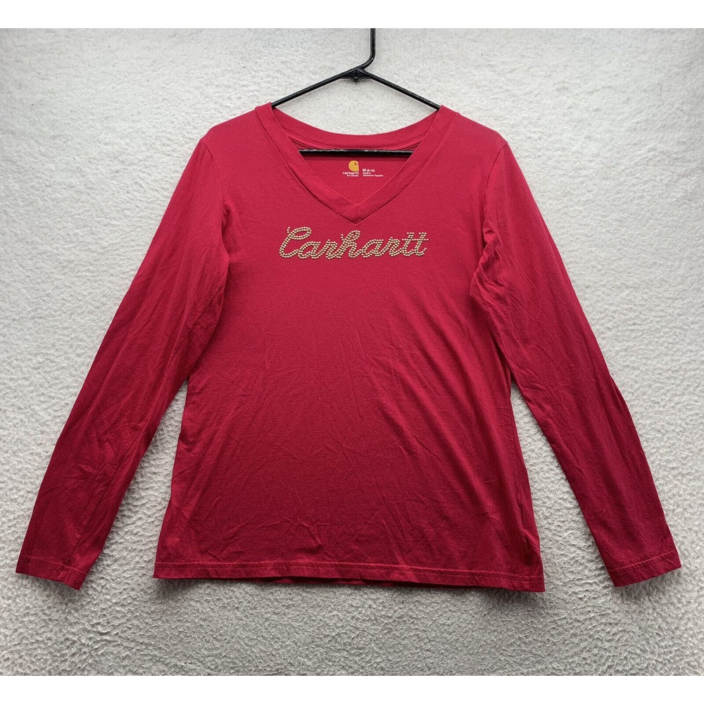 Carhartt T-Shirt Womens Medium M Red Pink Cursive Studded Logo Outdoor Casual
